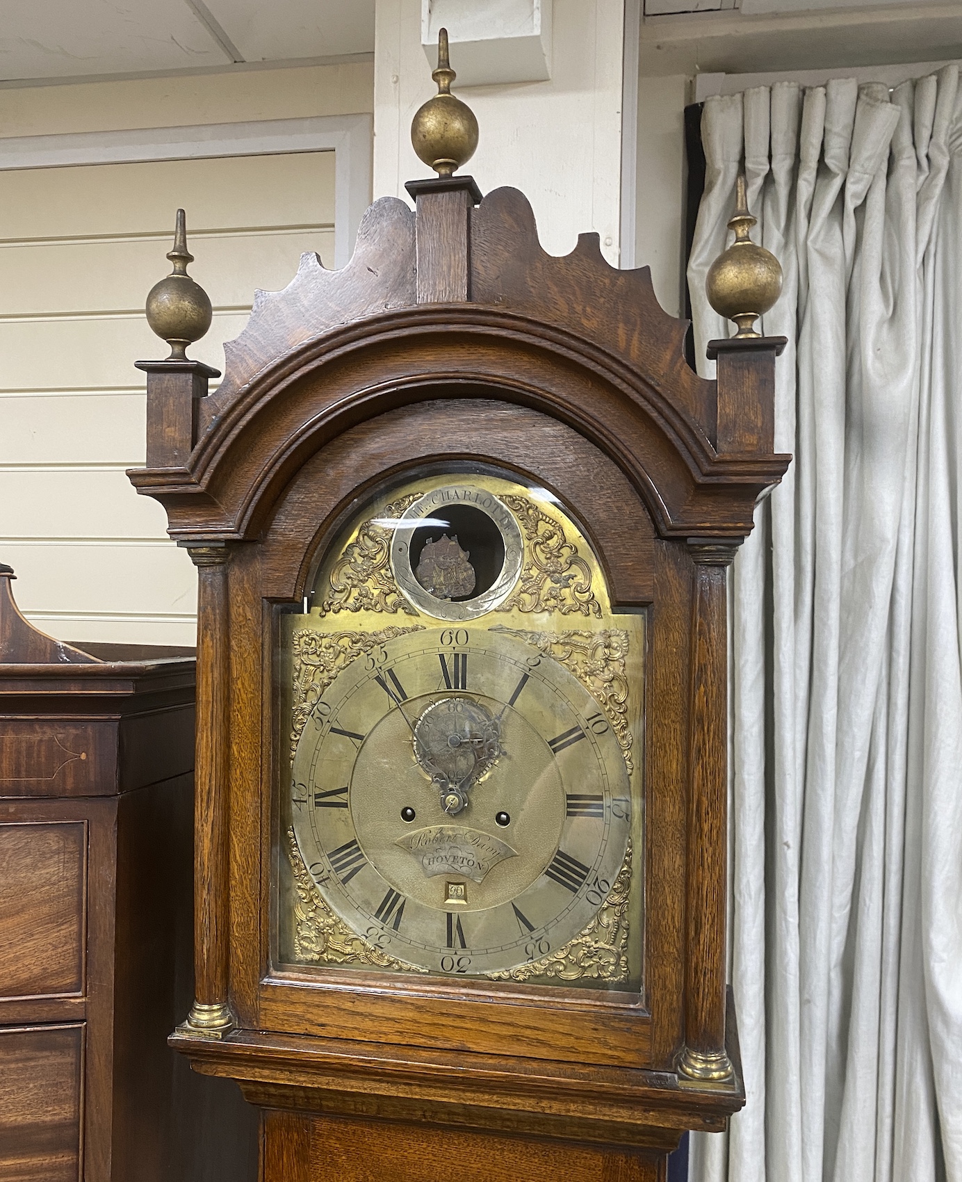 A George III oak eight day longcase clock marked Robert Davy Hoveton 'The Charlotte', height 238cm